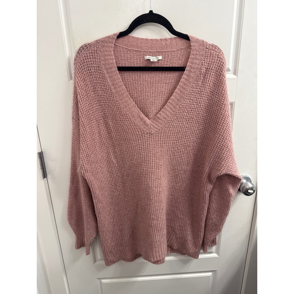 American Eagle Womens‎ Waffle Knit V-Neck Sweater Dusty Rose Pink Oversized Med
